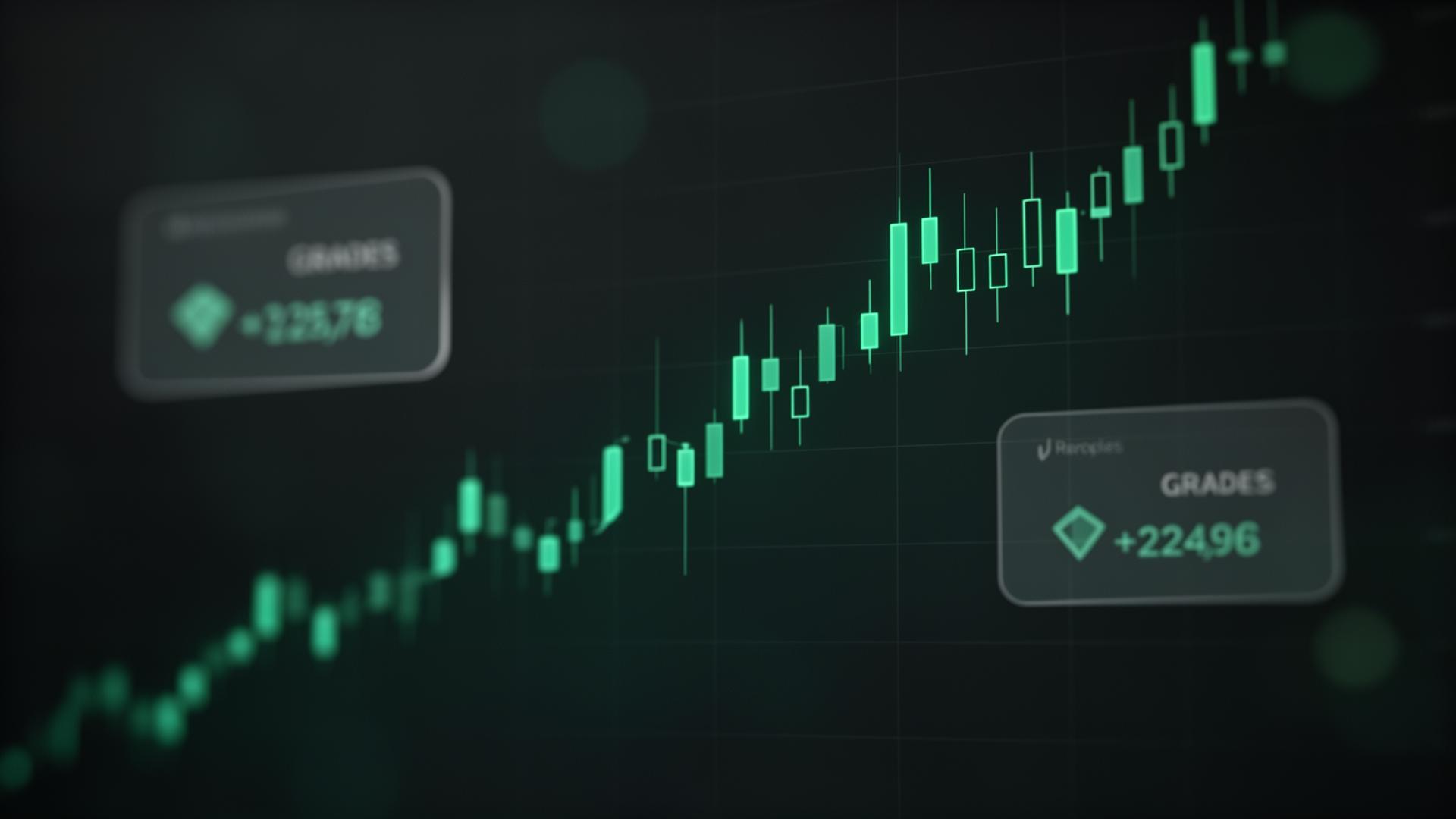 Glowing candlestick trading chart with floating grade cards